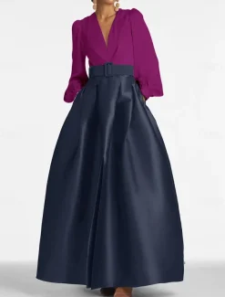 A-Line Evening Gown High Split Dress Formal Wedding Guest Floor Length Long Sleeve V Neck Belt / Sash Satin with Pleats Slit