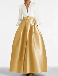 A-Line Evening Gown High Split Dress Formal Wedding Guest Floor Length Long Sleeve V Neck Belt / Sash Satin with Pleats Slit