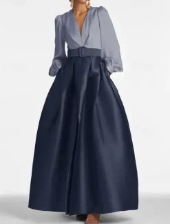 A-Line Evening Gown High Split Dress Formal Wedding Guest Floor Length Long Sleeve V Neck Belt / Sash Satin with Pleats Slit