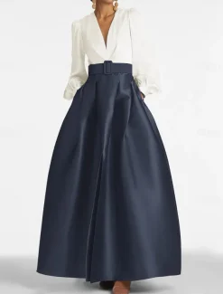 A-Line Evening Gown High Split Dress Formal Wedding Guest Floor Length Long Sleeve V Neck Belt / Sash Satin with Pleats Slit