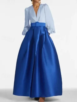 A-Line Evening Gown High Split Dress Formal Wedding Guest Floor Length Long Sleeve V Neck Belt / Sash Satin with Pleats Slit