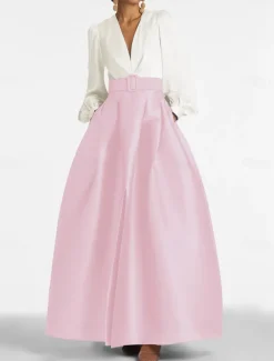 A-Line Evening Gown High Split Dress Formal Wedding Guest Floor Length Long Sleeve V Neck Belt / Sash Satin with Pleats Slit