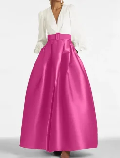 A-Line Evening Gown High Split Dress Formal Wedding Guest Floor Length Long Sleeve V Neck Belt / Sash Satin with Pleats Slit