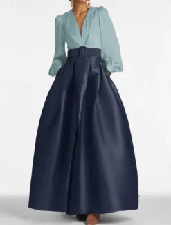 A-Line Evening Gown High Split Dress Formal Wedding Guest Floor Length Long Sleeve V Neck Belt / Sash Satin with Pleats Slit