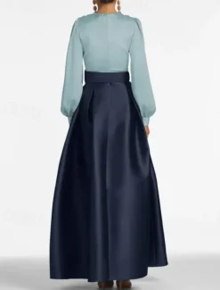 A-Line Evening Gown High Split Dress Formal Wedding Guest Floor Length Long Sleeve V Neck Belt / Sash Satin with Pleats Slit