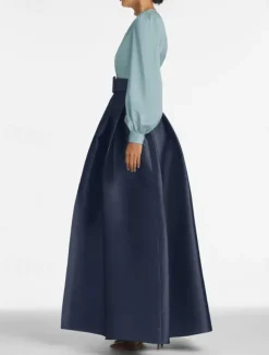 A-Line Evening Gown High Split Dress Formal Wedding Guest Floor Length Long Sleeve V Neck Belt / Sash Satin with Pleats Slit