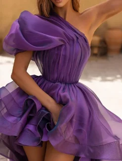 A-Line Evening Gown Sexy Dress Prom Wedding Party Asymmetrical Sleeveless One Shoulder Organza with Ruffles Pure Color Masquerade Dress