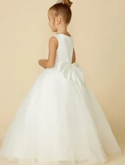 A-Line Floor Length Flower Girl Dress First Communion Girls Cute Prom Dress Satin with Sash / Ribbon Elegant Fit 3-16 Years dress to impress