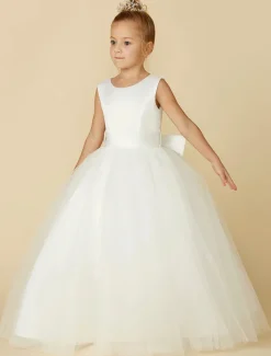 A-Line Floor Length Flower Girl Dress First Communion Girls Cute Prom Dress Satin with Sash / Ribbon Elegant Fit 3-16 Years dress to impress