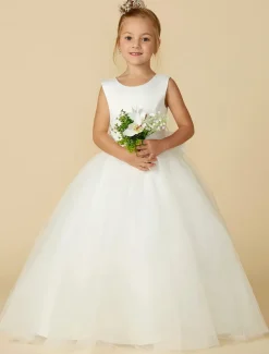 A-Line Floor Length Flower Girl Dress First Communion Girls Cute Prom Dress Satin with Sash / Ribbon Elegant Fit 3-16 Years dress to impress