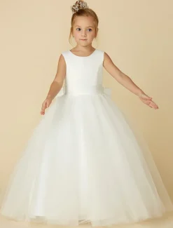 A-Line Floor Length Flower Girl Dress First Communion Girls Cute Prom Dress Satin with Sash / Ribbon Elegant Fit 3-16 Years dress to impress