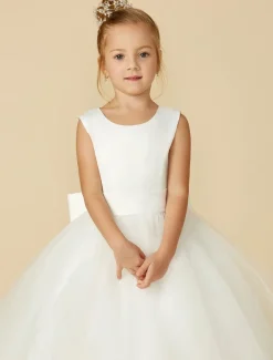 A-Line Floor Length Flower Girl Dress First Communion Girls Cute Prom Dress Satin with Sash / Ribbon Elegant Fit 3-16 Years dress to impress