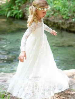 A-Line Floor Length Flower Girl Dress First Communion Girls Cute Prom Dress Lace with Lace Boho Lace Back Fit 3-16 Years dress to impress