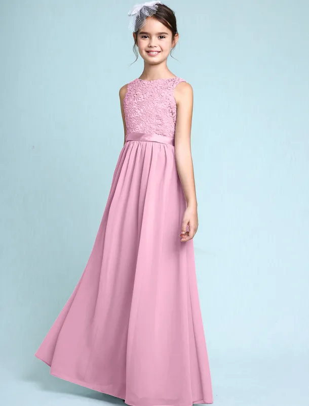 A-Line Floor Length Scoop Neck Chiffon Junior Bridesmaid Dresses&Gowns With Lace Kids Wedding Guest Dress 4-16 Year