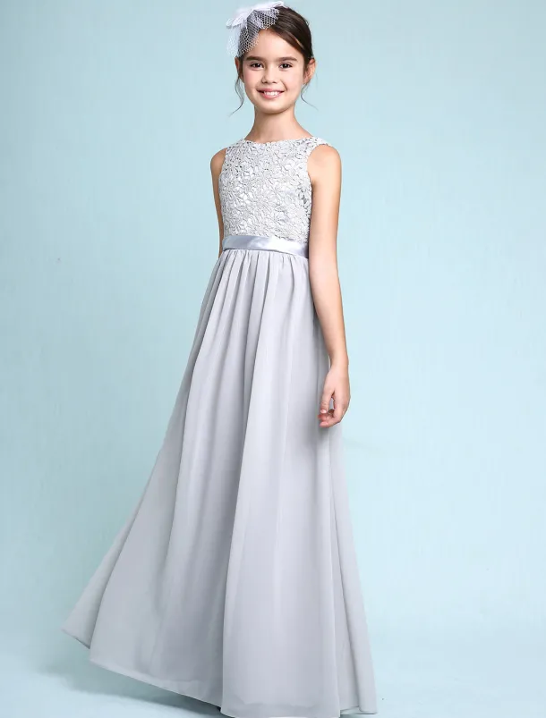 A-Line Floor Length Scoop Neck Chiffon Junior Bridesmaid Dresses&Gowns With Lace Kids Wedding Guest Dress 4-16 Year