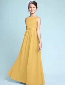 A-Line Floor Length Scoop Neck Chiffon Junior Bridesmaid Dresses&Gowns With Lace Kids Wedding Guest Dress 4-16 Year