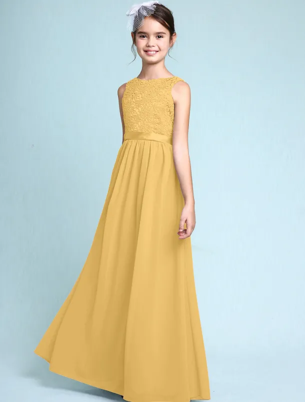 A-Line Floor Length Scoop Neck Chiffon Junior Bridesmaid Dresses&Gowns With Lace Kids Wedding Guest Dress 4-16 Year
