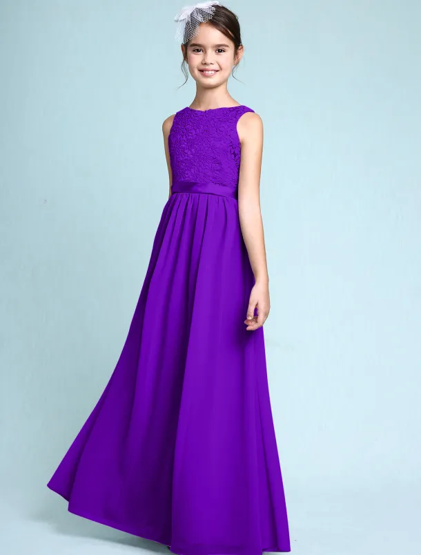 A-Line Floor Length Scoop Neck Chiffon Junior Bridesmaid Dresses&Gowns With Lace Kids Wedding Guest Dress 4-16 Year