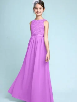 A-Line Floor Length Scoop Neck Chiffon Junior Bridesmaid Dresses&Gowns With Lace Kids Wedding Guest Dress 4-16 Year