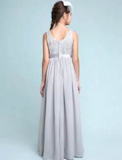 A-Line Floor Length Scoop Neck Chiffon Junior Bridesmaid Dresses&Gowns With Lace Kids Wedding Guest Dress 4-16 Year