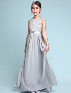 A-Line Floor Length Scoop Neck Chiffon Junior Bridesmaid Dresses&Gowns With Lace Kids Wedding Guest Dress 4-16 Year