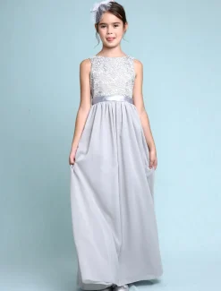 A-Line Floor Length Scoop Neck Chiffon Junior Bridesmaid Dresses&Gowns With Lace Kids Wedding Guest Dress 4-16 Year