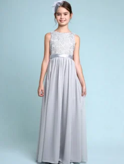 A-Line Floor Length Scoop Neck Chiffon Junior Bridesmaid Dresses&Gowns With Lace Kids Wedding Guest Dress 4-16 Year
