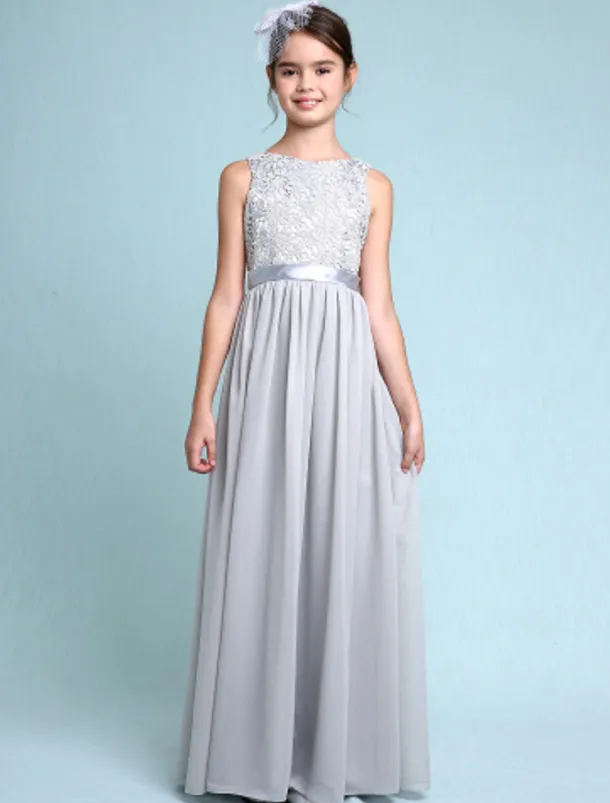 A-Line Floor Length Scoop Neck Chiffon Junior Bridesmaid Dresses&Gowns With Lace Kids Wedding Guest Dress 4-16 Year
