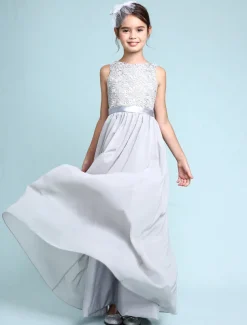 A-Line Floor Length Scoop Neck Chiffon Junior Bridesmaid Dresses&Gowns With Lace Kids Wedding Guest Dress 4-16 Year