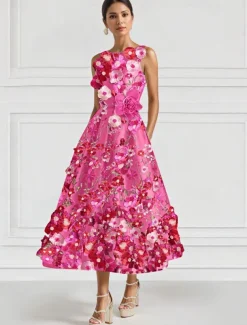 A-Line Floral Cocktail Elegant Dress Formal Gown Wedding Guest Ankle Length Sleeveless Crew Neck Satin with Embroidered Pocket