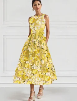 A-Line Floral Cocktail Elegant Dress Formal Gown Wedding Guest Ankle Length Sleeveless Crew Neck Satin with Embroidered Pocket