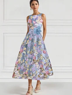 A-Line Floral Cocktail Elegant Dress Formal Gown Wedding Guest Ankle Length Sleeveless Crew Neck Satin with Embroidered Pocket