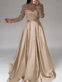 A-Line Gold Evening Gown Elegant Dress Wedding Black Tie Floor Length Long Sleeve Jewel Neck Satin with Sequin Masquerade Dress
