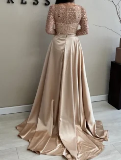 A-Line Gold Evening Gown Elegant Dress Wedding Black Tie Floor Length Long Sleeve Jewel Neck Satin with Sequin Masquerade Dress
