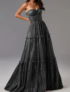 A-Line Gold Evening Gown Glittering Dress Formal Wedding Guest Floor Length Sleeveless Strapless Tulle with Pleats Masquerade Dress