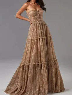 A-Line Gold Evening Gown Glittering Dress Formal Wedding Guest Floor Length Sleeveless Strapless Tulle with Pleats Masquerade Dress