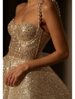 A-Line Gold Homecoming Dresses Sparkle & Shine Dress Cocktail Party Birthday Short / Mini Sleeveless Spaghetti StrapDress Tulle with Glitter