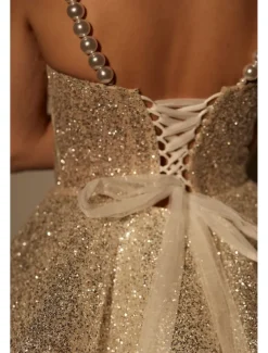 A-Line Gold Homecoming Dresses Sparkle & Shine Dress Cocktail Party Birthday Short / Mini Sleeveless Spaghetti StrapDress Tulle with Glitter