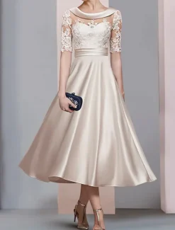 A-Line Gold Mother of the Bride Dress Wedding Guest Elegant Vintage Scoop Neck Tea Length Satin Lace Half Sleeve with Ruched Appliques free custom size