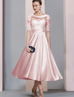 A-Line Gold Mother of the Bride Dress Wedding Guest Elegant Vintage Scoop Neck Tea Length Satin Lace Half Sleeve with Ruched Appliques free custom size