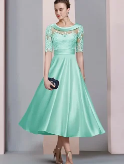 A-Line Gold Mother of the Bride Dress Wedding Guest Elegant Vintage Scoop Neck Tea Length Satin Lace Half Sleeve with Ruched Appliques free custom size