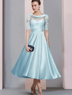 A-Line Gold Mother of the Bride Dress Wedding Guest Elegant Vintage Scoop Neck Tea Length Satin Lace Half Sleeve with Ruched Appliques free custom size