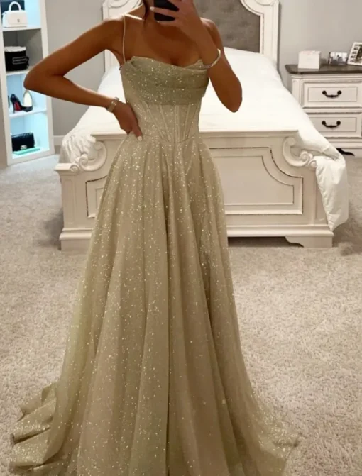 A-Line Gold Prom Dresses Glittering Dress Formal Evening Party Sweep / Brush Train Sleeveless Cowl Neck Tulle with Glitter Slit