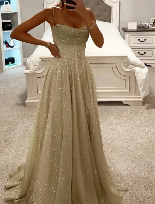 A-Line Gold Prom Dresses Glittering Dress Formal Evening Party Sweep / Brush Train Sleeveless Cowl Neck Tulle with Glitter Slit