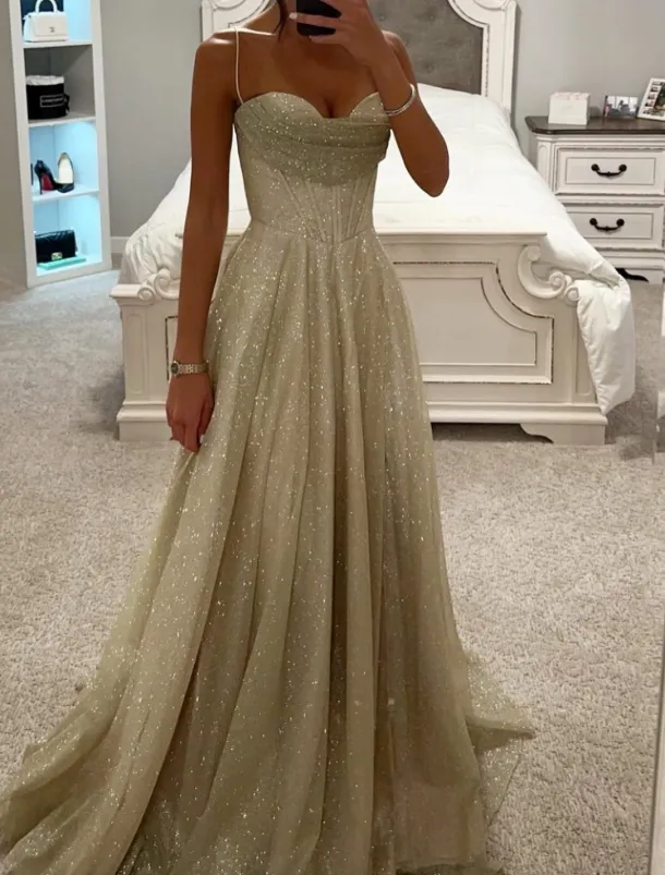 A-Line Gold Prom Dresses Glittering Dress Formal Evening Party Sweep / Brush Train Sleeveless Cowl Neck Tulle with Glitter Slit