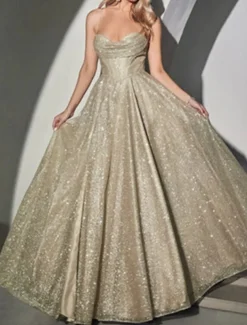 A-Line Gold Prom Dresses Glittering Dress Formal Evening Party Sweep / Brush Train Sleeveless Cowl Neck Tulle with Glitter Slit