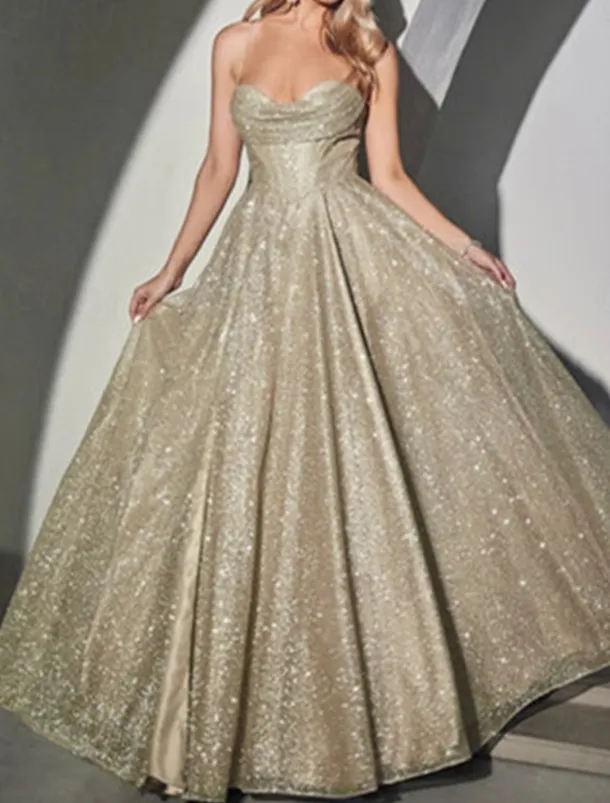 A-Line Gold Prom Dresses Glittering Dress Formal Evening Party Sweep / Brush Train Sleeveless Cowl Neck Tulle with Glitter Slit