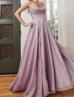 A-Line Gold Prom Dresses Glittering Dress Formal Evening Party Sweep / Brush Train Sleeveless Cowl Neck Tulle with Glitter Slit