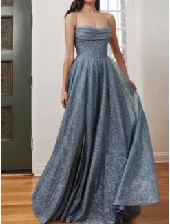 A-Line Gold Prom Dresses Glittering Dress Formal Evening Party Sweep / Brush Train Sleeveless Cowl Neck Tulle with Glitter Slit