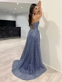 A-Line Gold Prom Dresses Glittering Dress Formal Evening Party Sweep / Brush Train Sleeveless Cowl Neck Tulle with Glitter Slit